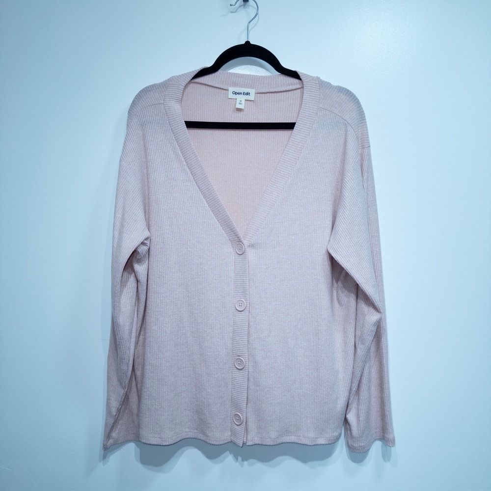 New Open Edit Light Pink Ribbed V-Neck Button Cardigan Medium‎
